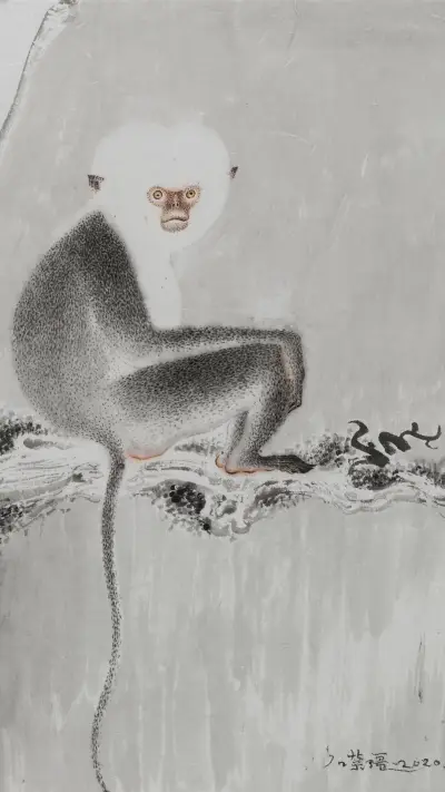 画家石荣强作品 古木清猿